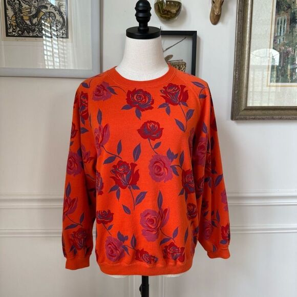 Vintage 80s 90s OG Boundry Waters Orange Large Print Floral Sweatshirt S - Picture 1 of 5